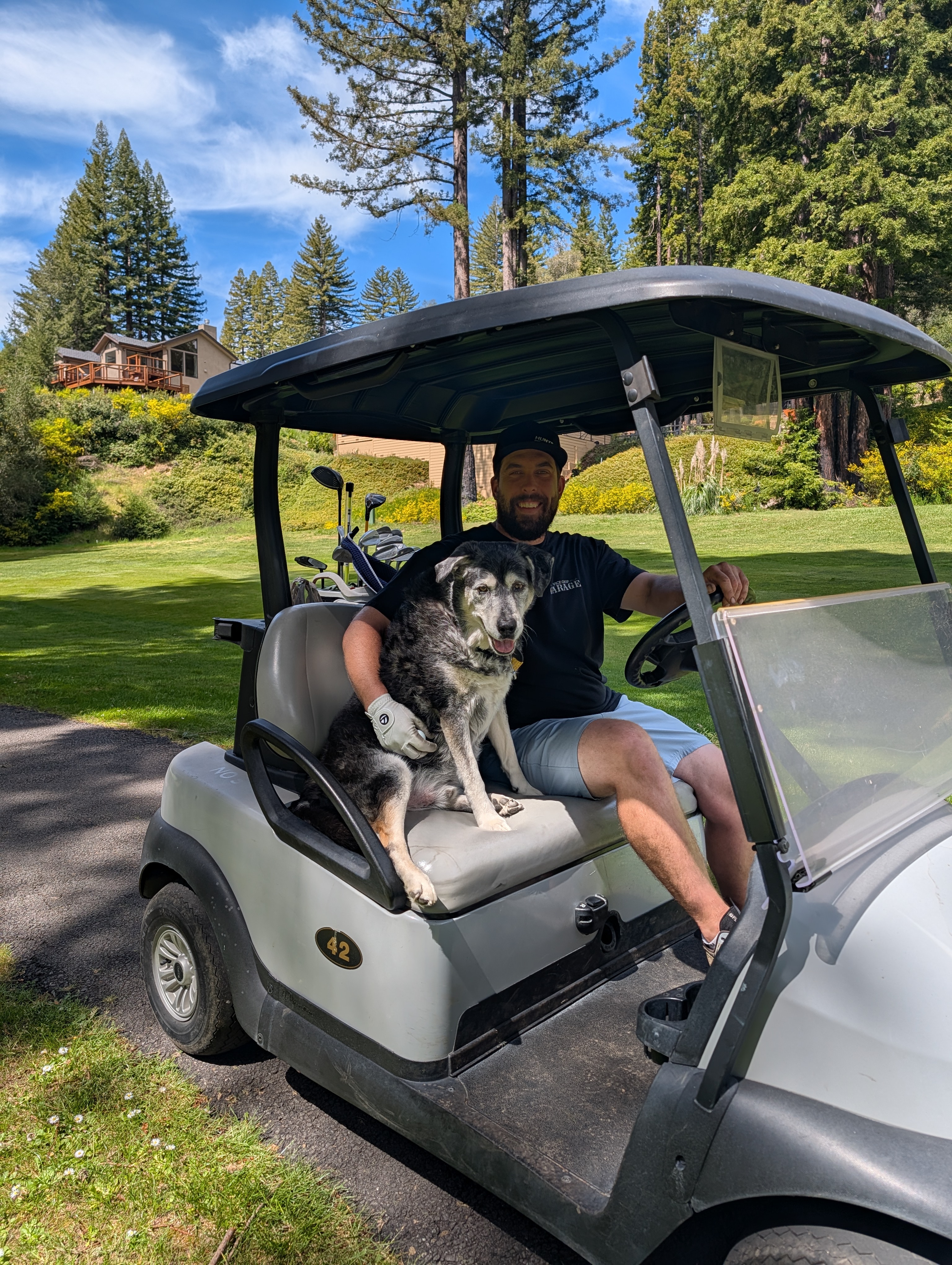 Golfer and dog in a golf cart on the course